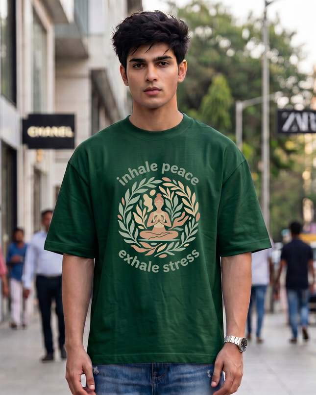 Inhale Peace Exhale Stress Print Oversized Classic T-Shirt