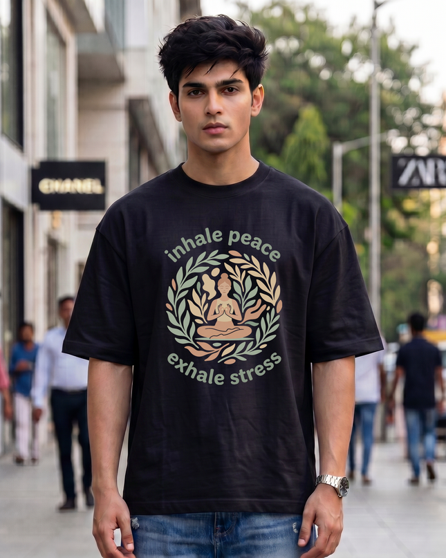 Inhale Peace Exhale Stress Print Oversized Classic T-Shirt