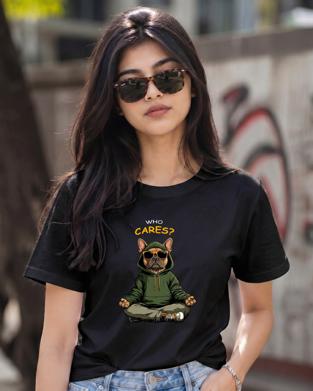 Who Cares Chill Bulldog Graphic Unisex Classic Crew T-Shirt