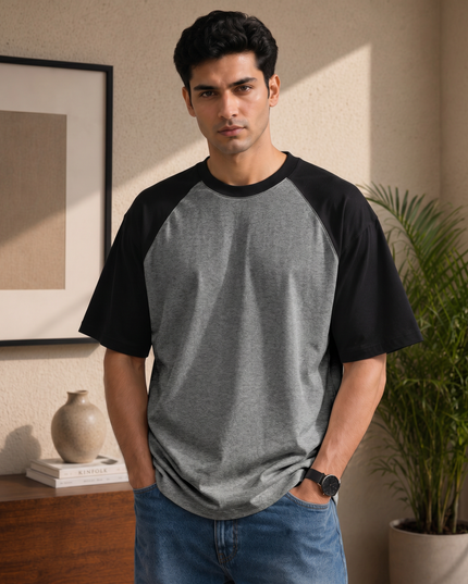 Black Charcoal Melange Unisex Oversized Raglan T-Shirt
