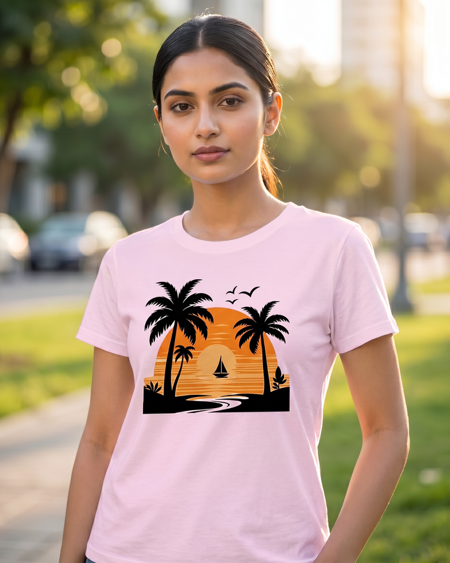 Tropical Sunset Beach Graphic Unisex Classic Crew T-Shirt