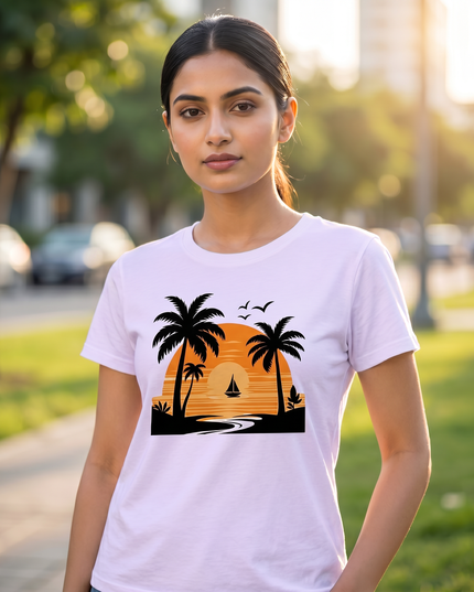 Tropical Sunset Beach Graphic Unisex Classic Crew T-Shirt