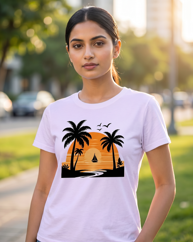Tropical Sunset Beach Graphic Unisex Classic Crew T-Shirt