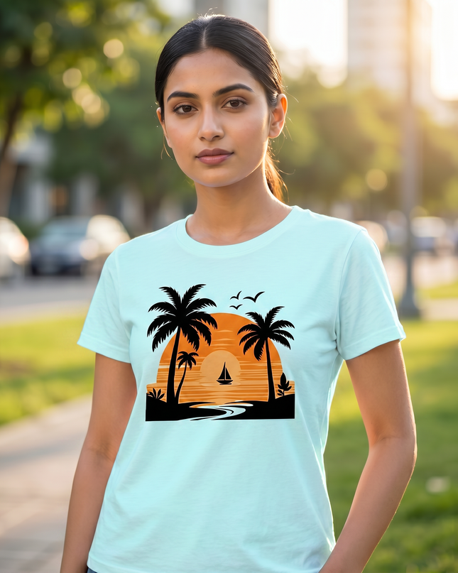 Tropical Sunset Beach Graphic Unisex Classic Crew T-Shirt