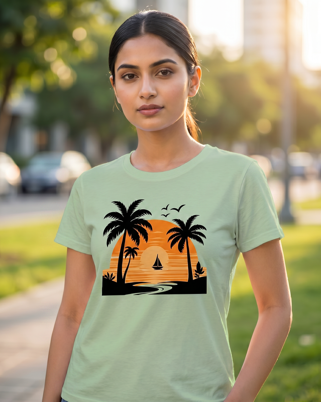 Tropical Sunset Beach Graphic Unisex Classic Crew T-Shirt