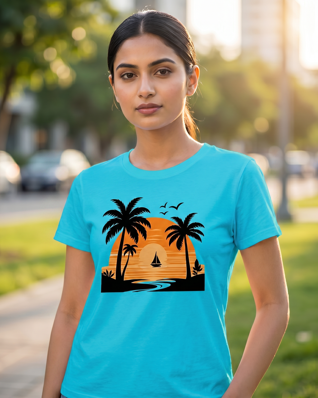 Tropical Sunset Beach Graphic Unisex Classic Crew T-Shirt