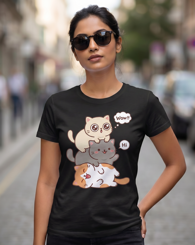 Stacked Cats Graphic Unisex Classic Crew T-Shirt