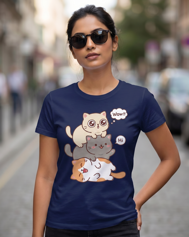 Stacked Cats Graphic Unisex Classic Crew T-Shirt