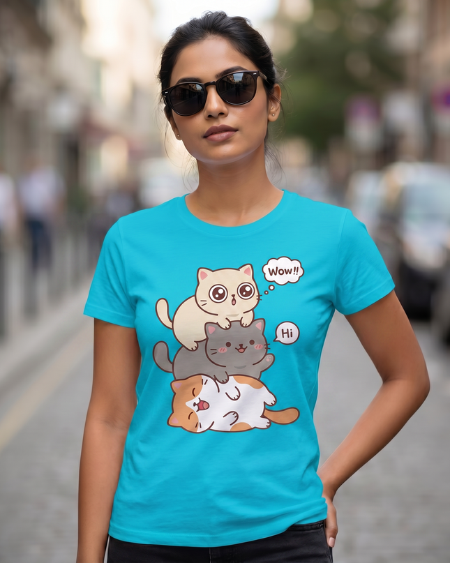 Stacked Cats Graphic Unisex Classic Crew T-Shirt