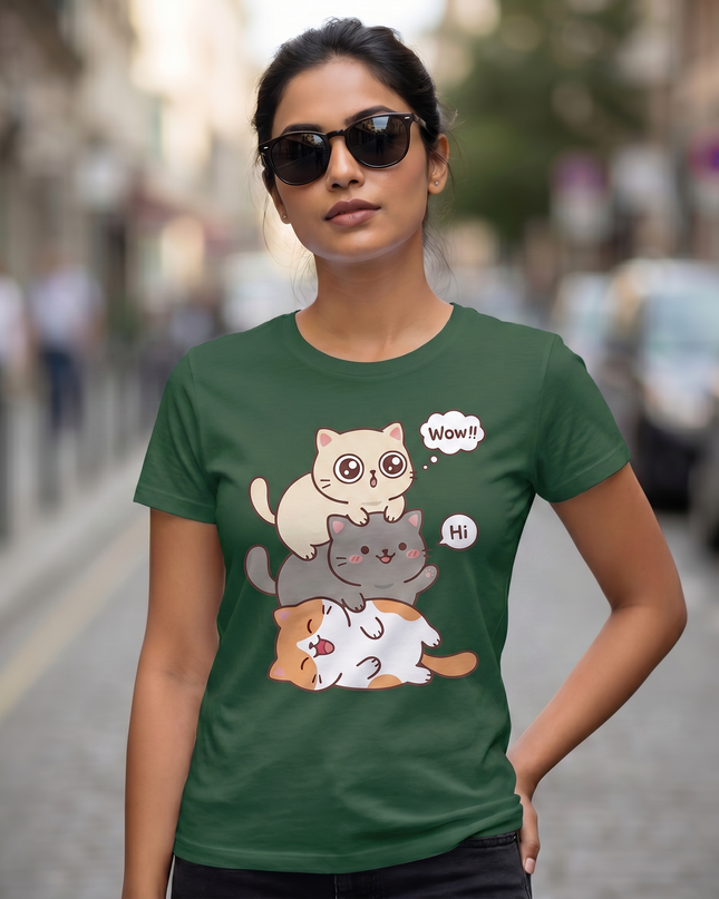 Stacked Cats Graphic Unisex Classic Crew T-Shirt