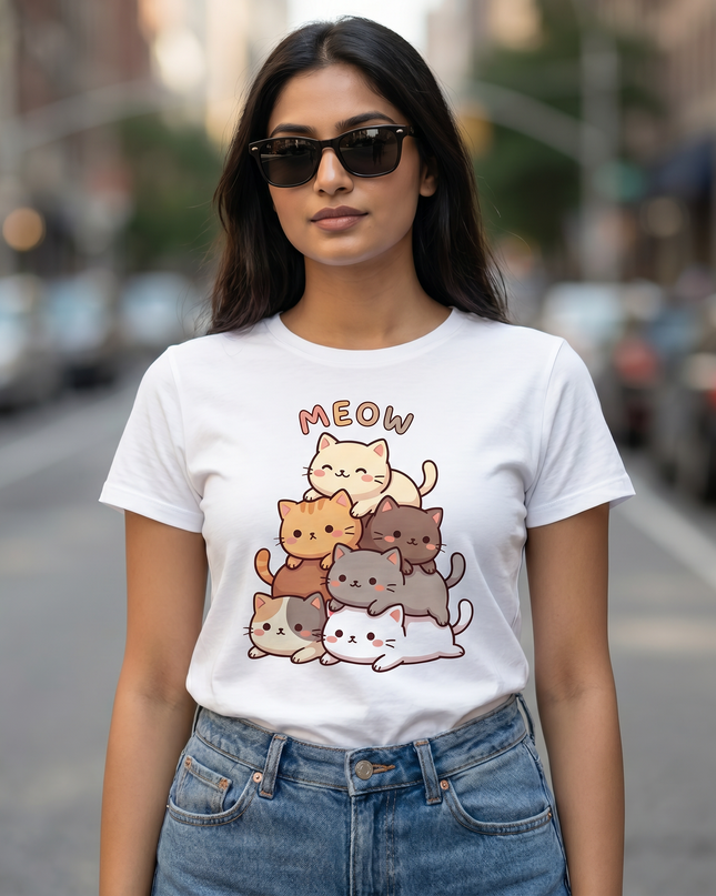 Meow Stacked Cats Graphic Unisex Classic Crew T-Shirt