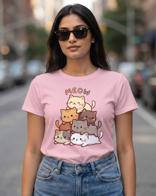 Meow Stacked Cats Graphic Unisex Classic Crew T-Shirt