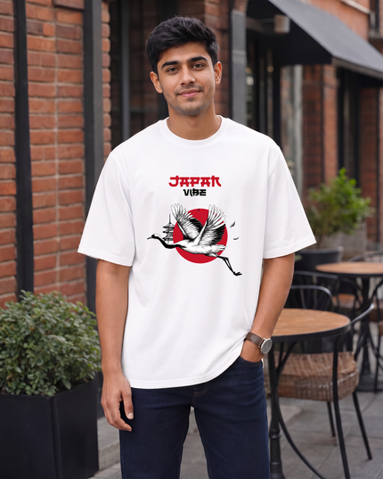 Japan Vibe Crane Print Oversized Classic T-Shirt