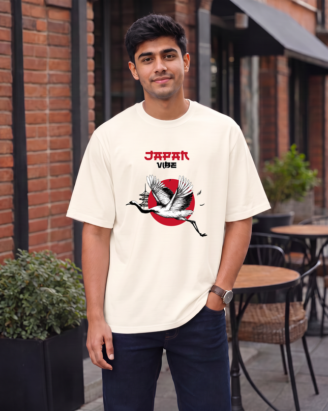 Japan Vibe Crane Print Oversized Classic T-Shirt