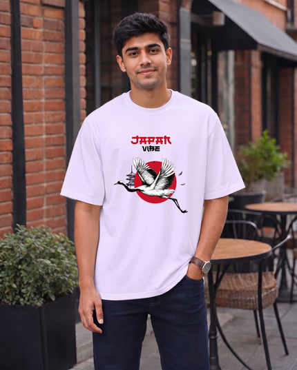 Japan Vibe Crane Print Oversized Classic T-Shirt
